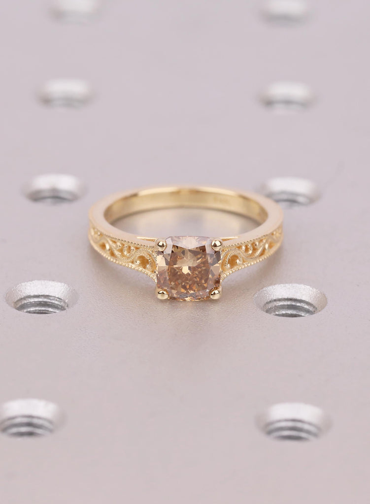 Lab Diamond Engagement Ring, Champagne Cushion Cut Solitaire, Yellow Gold Filigree Ring, Unique Vintage Engagement Ring, Anniversary Gift image #3