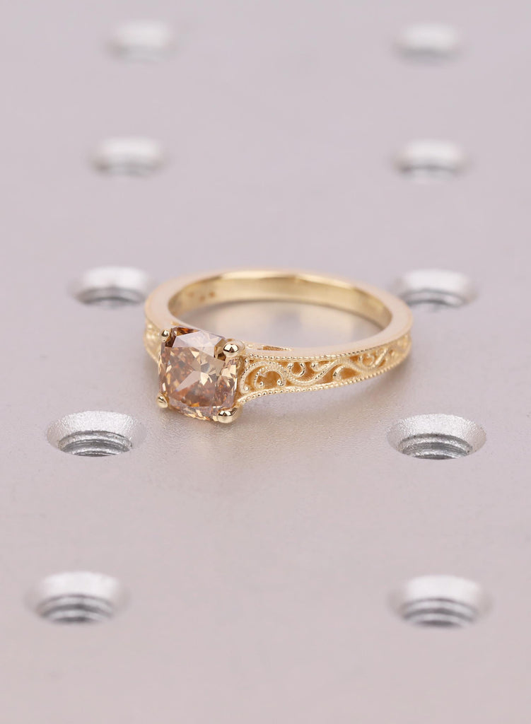 Champagne Lab Diamond Ring, Cushion Cut Antique Engagement Ring, Victorian Filigree Ring, Vintage Solitaire, Unique Promise Ring for Her image #1