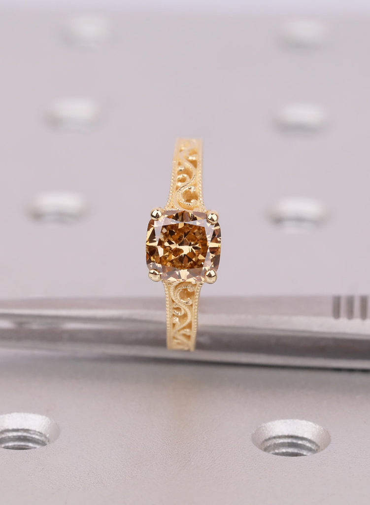 Champagne Lab Diamond Ring, Cushion Cut Antique Engagement Ring, Victorian Filigree Ring, Vintage Solitaire, Unique Promise Ring for Her image #9
