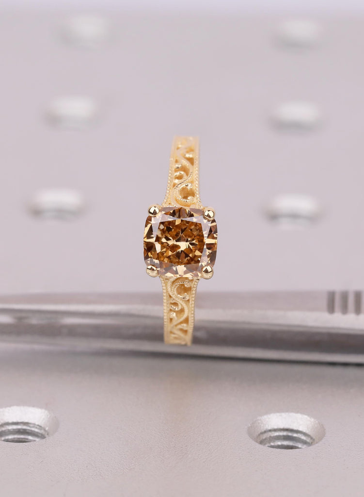 Lab Diamond Engagement Ring, Champagne Cushion Cut Solitaire, Yellow Gold Filigree Ring, Unique Vintage Engagement Ring, Anniversary Gift image #9