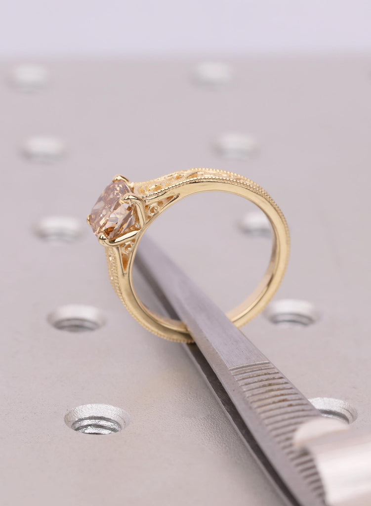 Champagne Lab Diamond Ring, Cushion Cut Antique Engagement Ring, Victorian Filigree Ring, Vintage Solitaire, Unique Promise Ring for Her image #7