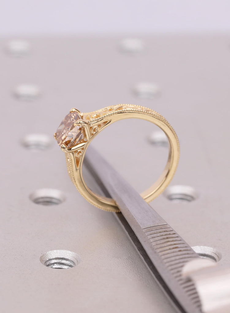 Lab Diamond Engagement Ring, Champagne Cushion Cut Solitaire, Yellow Gold Filigree Ring, Unique Vintage Engagement Ring, Anniversary Gift image #7