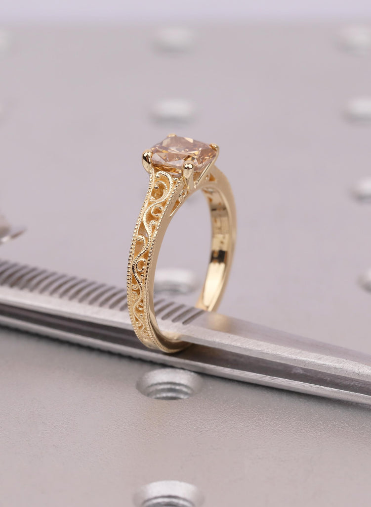Lab Diamond Engagement Ring, Champagne Cushion Cut Solitaire, Yellow Gold Filigree Ring, Unique Vintage Engagement Ring, Anniversary Gift image #11