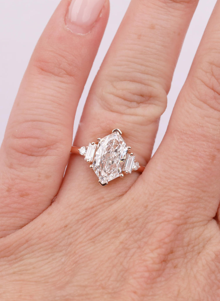 2.5 CT Dutch Marquise Lab Diamond Engagement Ring, Elongated Hexagon Cut with Baguette & Round Side Stones, Art Deco Five Stone Ring image #2