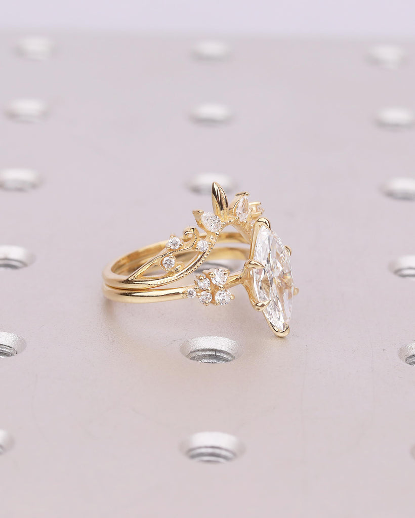 Nature Inspired Bridal Ring Set, Lab Grown Diamond Marquise Cut Ring, Vintage 18k Yellow Gold Engagement Rings, Unique Anniversary Jewelry image #4