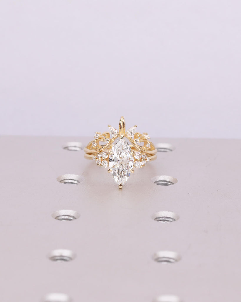 Lab Created Diamond Marquise Engagement Ring, Nature Inspired 18k Solid Gold Wedding Rings for Women, Round, Pear Cut Floral Matching Ring image #7
