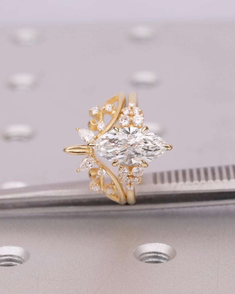 Nature Inspired 18k Yellow Gold Bridal Ring Set, Marquise Cut Lab Grown Diamond Ring image #4