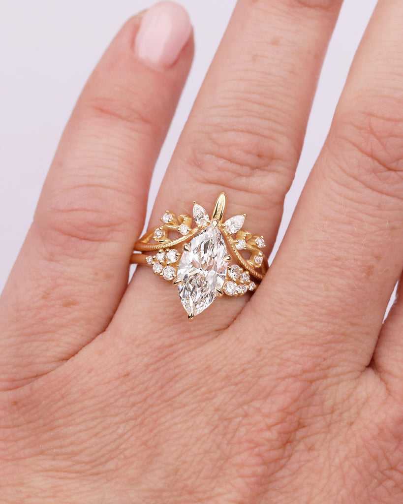 Marquise Lab Made Diamond Ring, IGI Certified 18k Yellow Gold Engagement Ring Set, Round, Pear Curved Leaf Moissanite Accent Matching Rings image #9