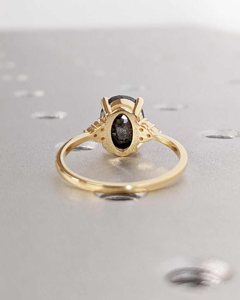 Oval Salt & Pepper Diamond Cluster Engagement Ring, 14K Solid Gold Vintage Bridal Ring, Anniversary Ring for Women image #13