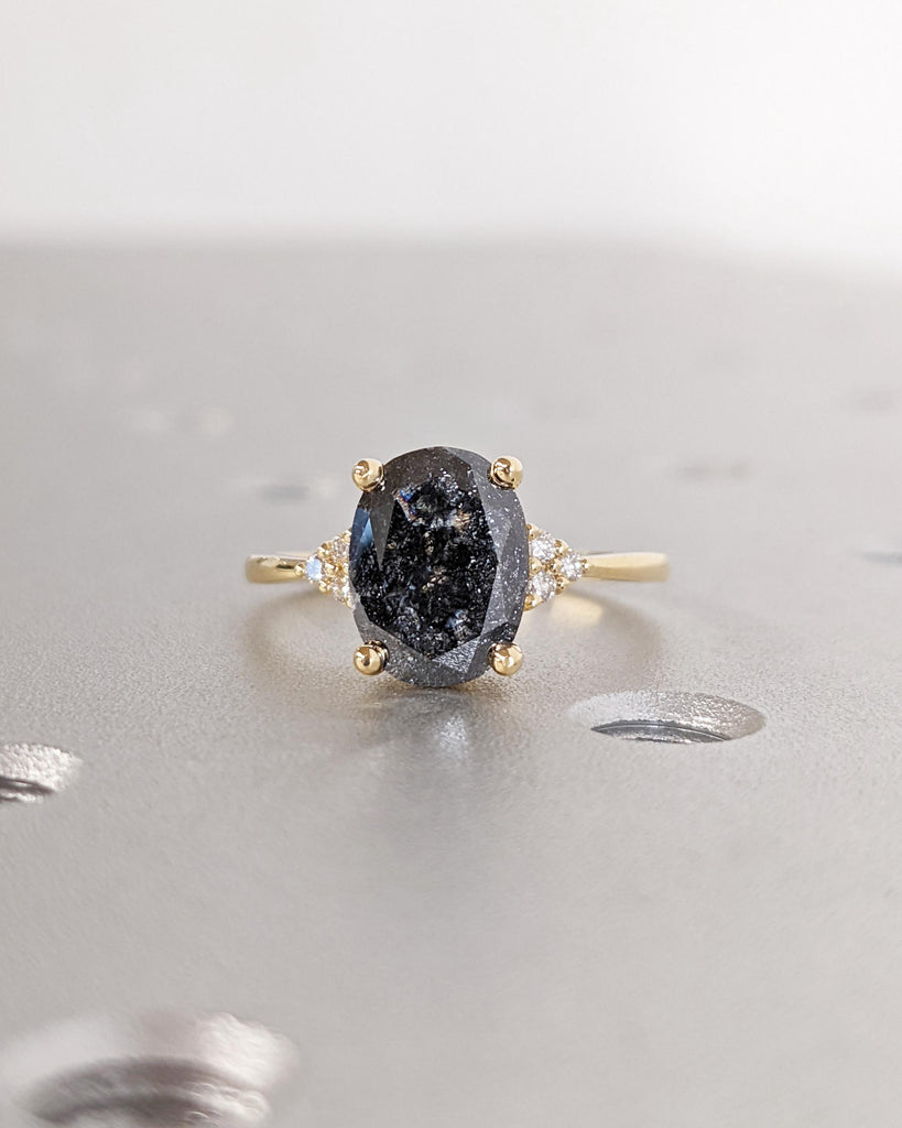 Art Deco Salt and Pepper Diamond Ring, Solid Gold Cluster Engagement Ring, Oval Diamond Ring, Vintage Wedding Ring for Her, Anniversary Gift image #5