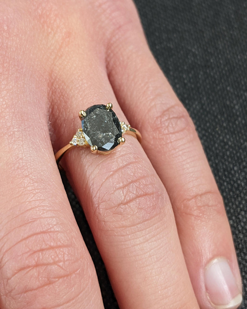 Art Deco Salt and Pepper Diamond Ring, Solid Gold Cluster Engagement Ring, Oval Diamond Ring, Vintage Wedding Ring for Her, Anniversary Gift image #4