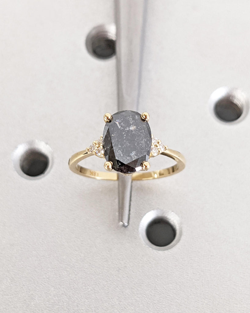 Art Deco Salt and Pepper Diamond Ring, Solid Gold Cluster Engagement Ring, Oval Diamond Ring, Vintage Wedding Ring for Her, Anniversary Gift image #1