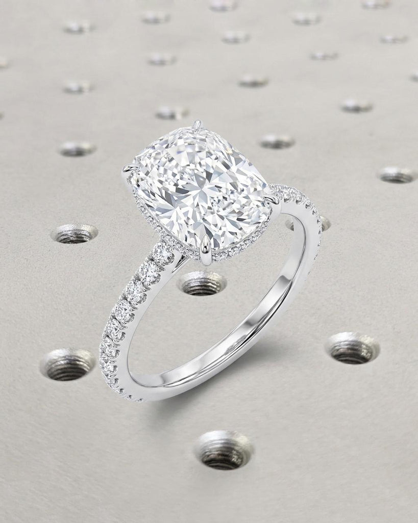 0.5 up to 3 Carat Elongated Cushion Lab Grown Diamond Ring, Hidden Halo and Micro Pavé Band, 14K White Gold Engagement Ring image #1