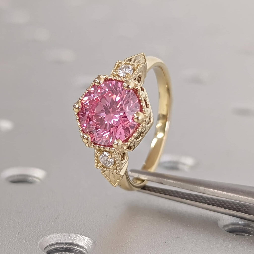 Pink Diamond 14k Yellow Gold Promise Ring | Victorian Bezel Ring | Custom Engagement Ring Gift for Her image #5