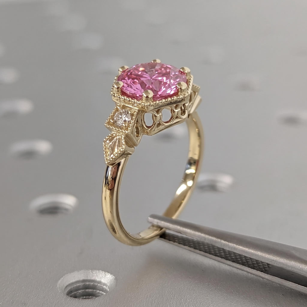 Pink Diamond 14k Yellow Gold Promise Ring | Victorian Bezel Ring | Custom Engagement Ring Gift for Her image #3
