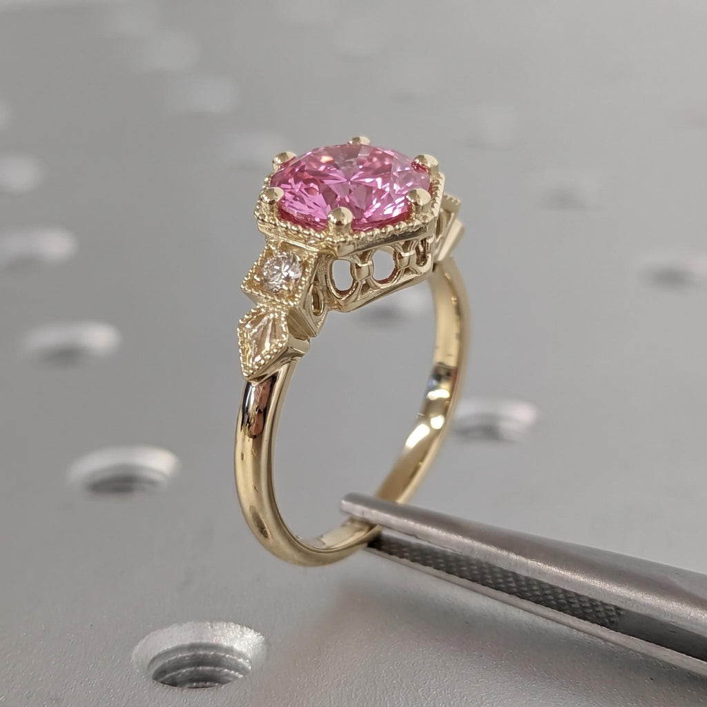 Lab Created Diamond Vintage Engagement Ring | Solid Gold Pink Gemstone Promise Ring | Wedding Jewelry Anniversary Gift image #3