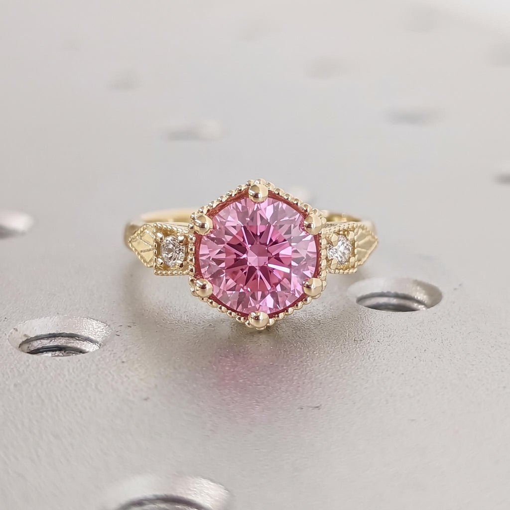 Lab Created Diamond Vintage Engagement Ring | Solid Gold Pink Gemstone Promise Ring | Wedding Jewelry Anniversary Gift image #1