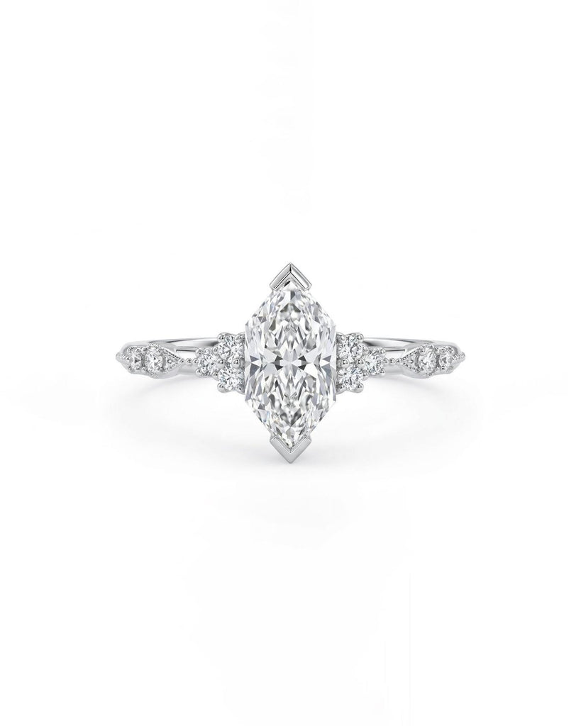 IGI Certified 1.5ct Dutch Marquise Lab Made Diamond Cluster Ring, Milgrain 14k Gold Engagement Rings for Women, Vintage Style Custom Ring image #3