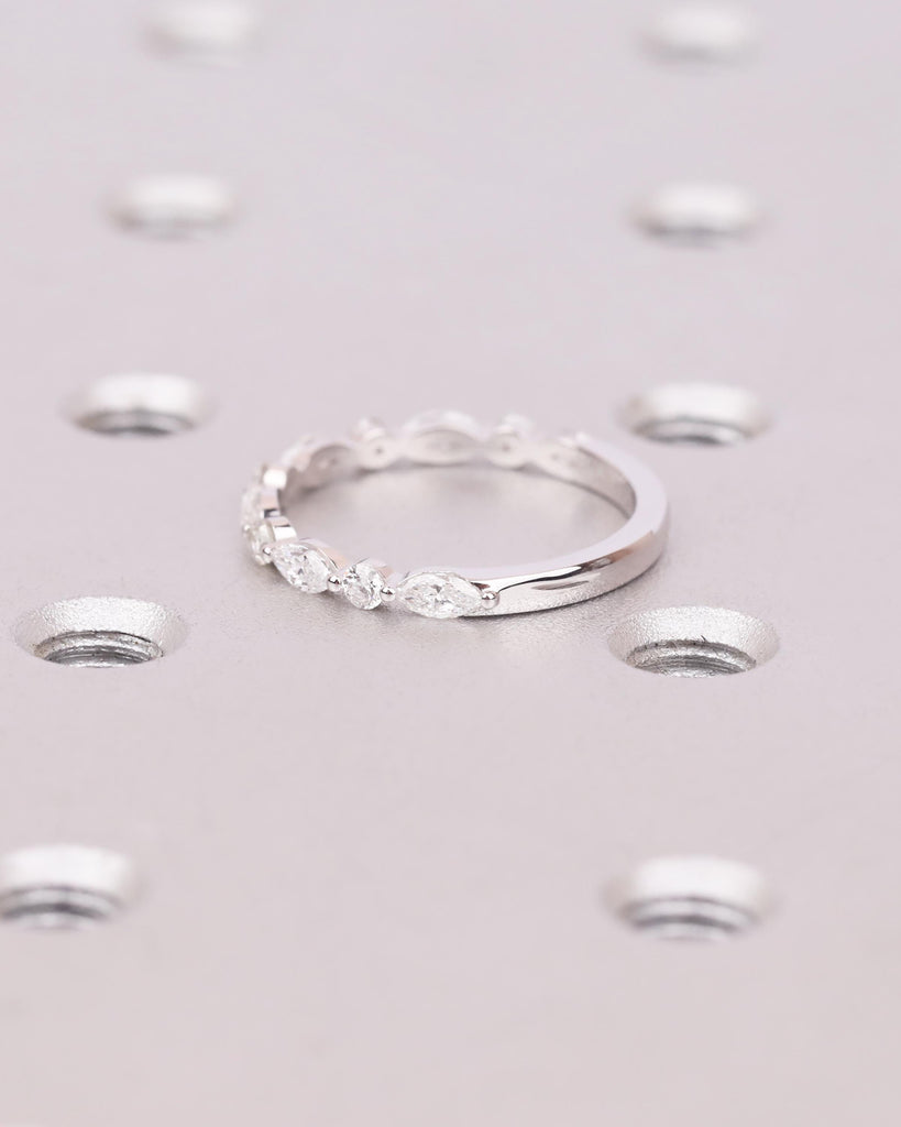 14K Gold Lab Grown Diamond Wedding Ring, Alternating Marquise Round Cut Half Eternity Band, Art Deco Matching Ring, Anniversary Band for Her image #2