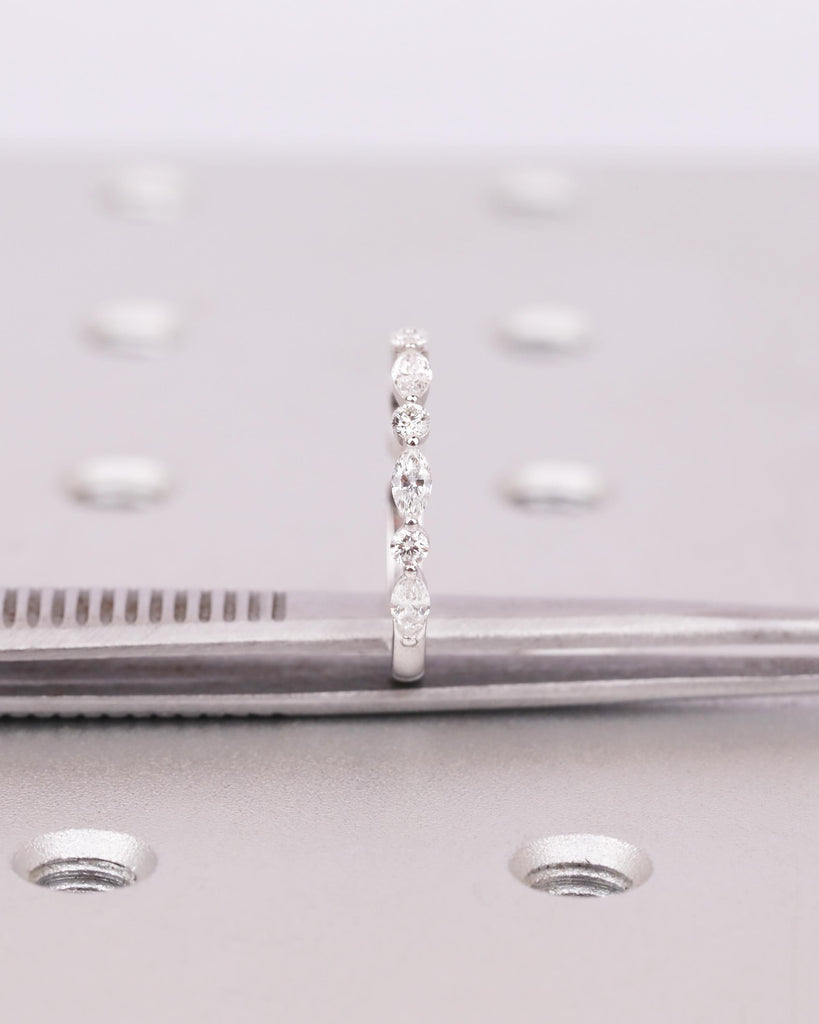 14K Gold Lab Grown Diamond Wedding Ring, Alternating Marquise Round Cut Half Eternity Band, Art Deco Matching Ring, Anniversary Band for Her image #9