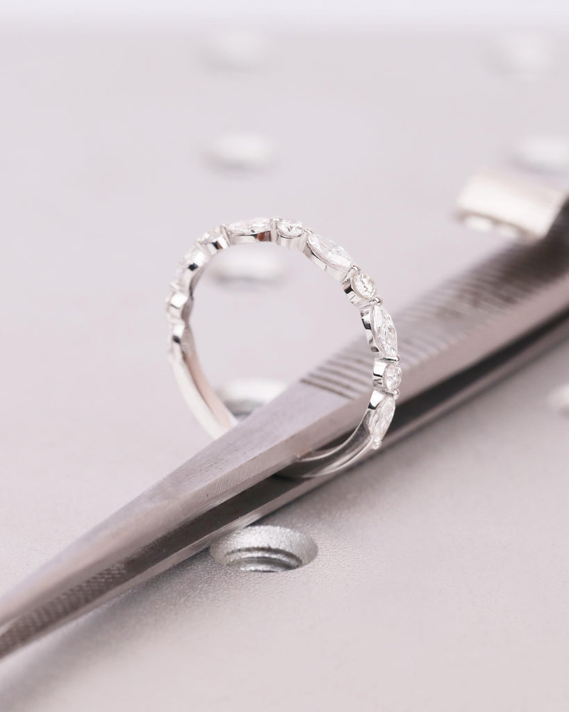 Lab Grown Diamond Wedding Ring in 14K/18K White Yellow Rose Gold or Platinum, Marquise and Round Cut, Half Eternity, Unique Stacking Ring image #15