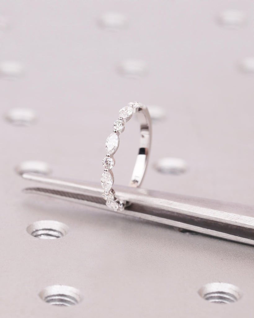 14K Gold Lab Grown Diamond Wedding Ring, Alternating Marquise Round Cut Half Eternity Band, Art Deco Matching Ring, Anniversary Band for Her image #12