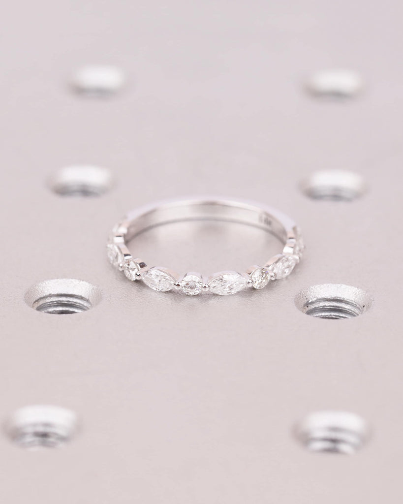 Vintage Moissanite Marquise Round Wedding Ring, 14k Solid Gold Moissanite Wedding Band, Half Eternity Marquise Moissanite Ring Stacking Ring image #2