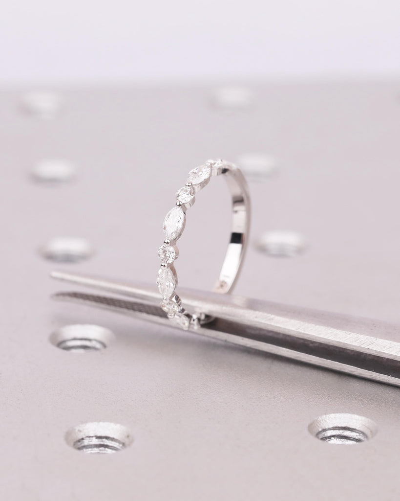 14K Solid Gold Marquise Moissanite Band Ring, Alternating Marquise and Round Moissanites, Stackable Half Eternity Ring image #12