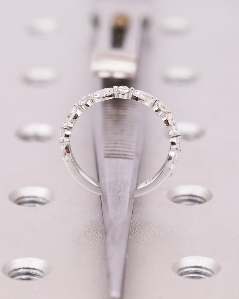 Vintage Diamond Wedding Band, Natural Marquise and Round Diamonds, Stackable Half Eternity Ring, Anniversary Band Ring image #14
