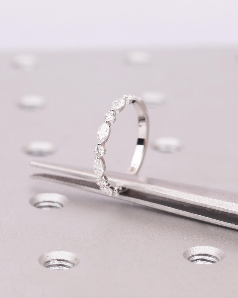Vintage Diamond Wedding Band, Natural Marquise and Round Diamonds, Stackable Half Eternity Ring, Anniversary Band Ring image #12