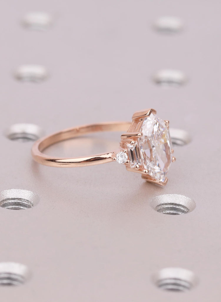 14K Rose Gold Dutch Marquise Moissanite Engagement Ring, Baguette Round Side Stones, Bridal Jewelry image #1