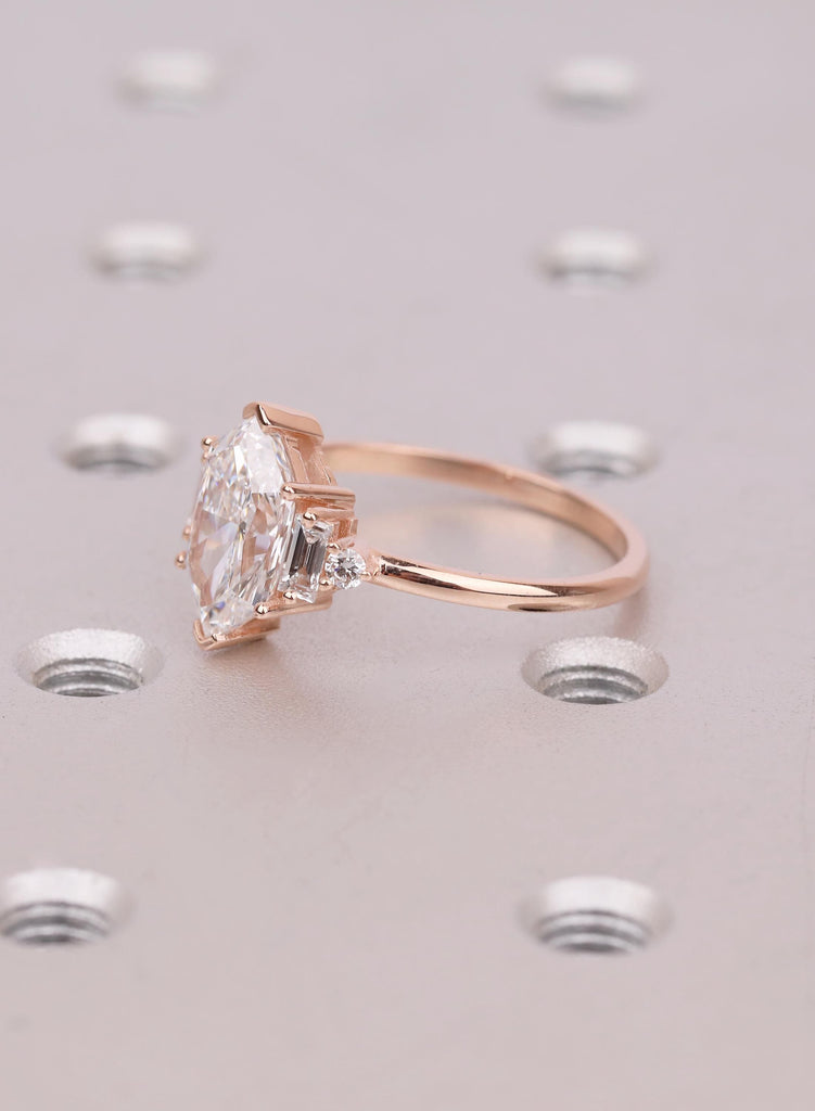 Moissanite Dutch Marquise Ring, 14K Rose Gold Moissanite Ring, Round Baguettes Diamond Engagement Ring For Her, Wedding Promise Ring image #7