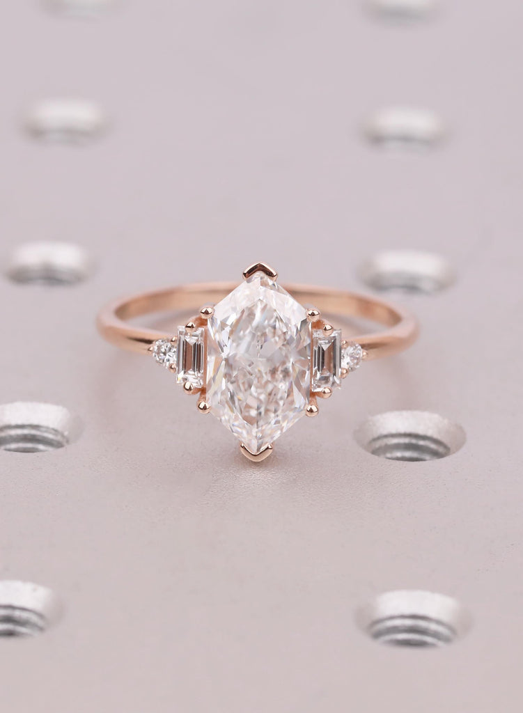Dutch Marquise Lab Diamond Engagement Ring: IGI Certified, 14K Rose Gold, Round Baguette Side Diamond, Vintage Wedding Jewelry image #14