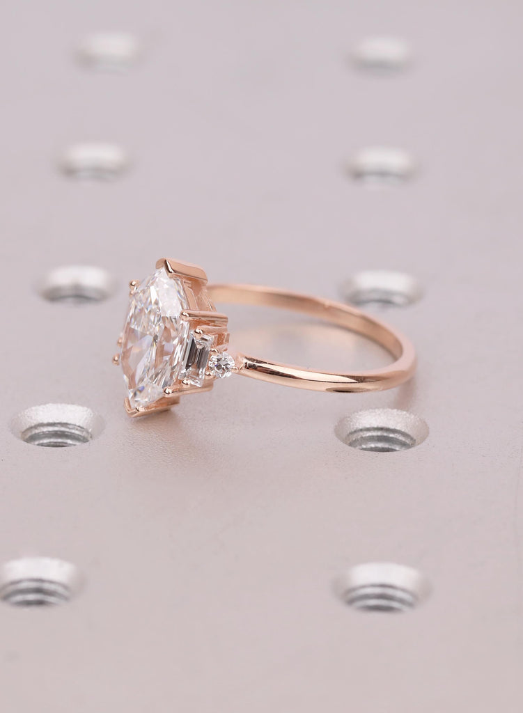 Dutch Marquise Lab Diamond Engagement Ring: IGI Certified, 14K Rose Gold, Round Baguette Side Diamond, Vintage Wedding Jewelry image #5