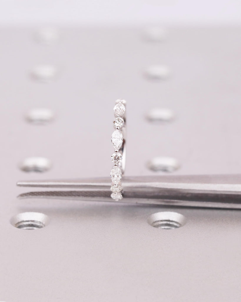 14K Solid Gold Marquise Moissanite Band Ring, Alternating Marquise and Round Moissanites, Stackable Half Eternity Ring image #9