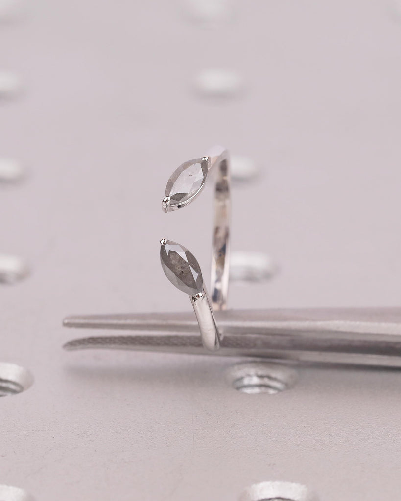 Marquise Cut Salt and Pepper Diamond Open Band Ring, Dainty 18k White Gold Wedding Band, Unique Stackable Rings for Women, Bridal Jewelry image #8