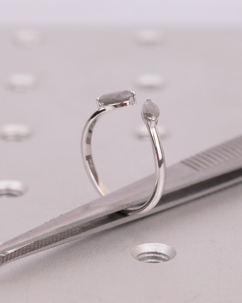 Marquise Cut Salt and Pepper Diamond Open Band Ring, Dainty 18k White Gold Wedding Band, Unique Stackable Rings for Women, Bridal Jewelry image #7