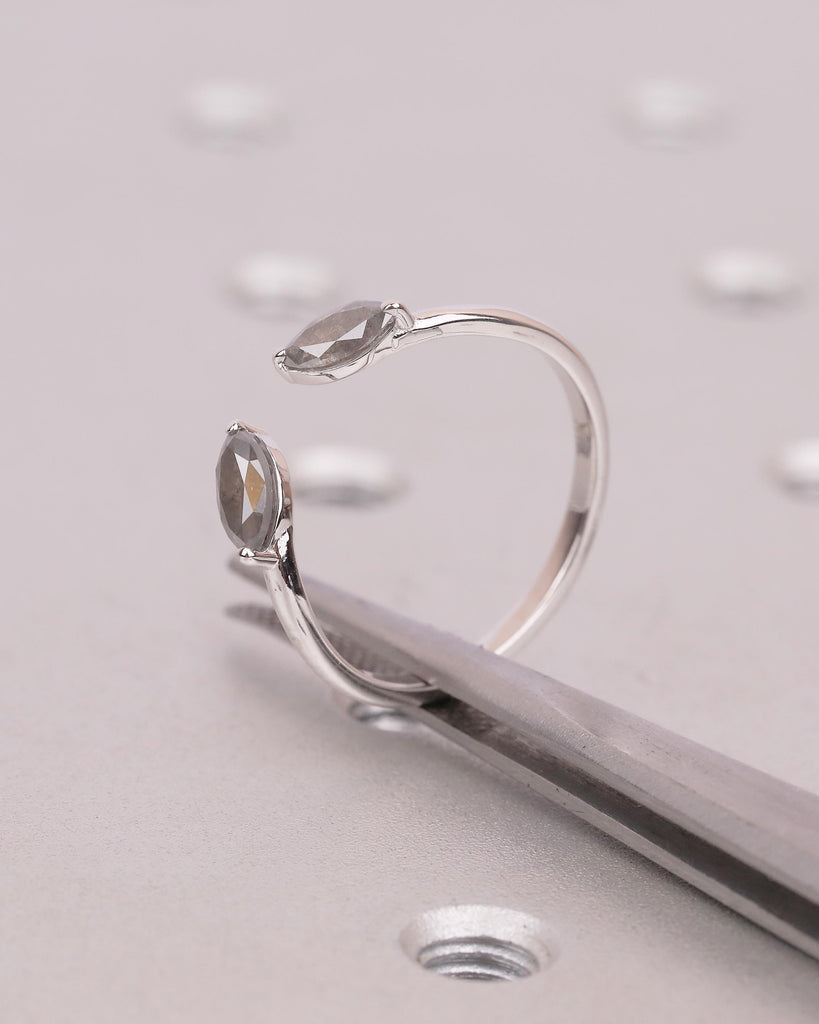 Marquise Cut Salt and Pepper Diamond Open Band Ring, Dainty 18k White Gold Wedding Band, Unique Stackable Rings for Women, Bridal Jewelry image #14