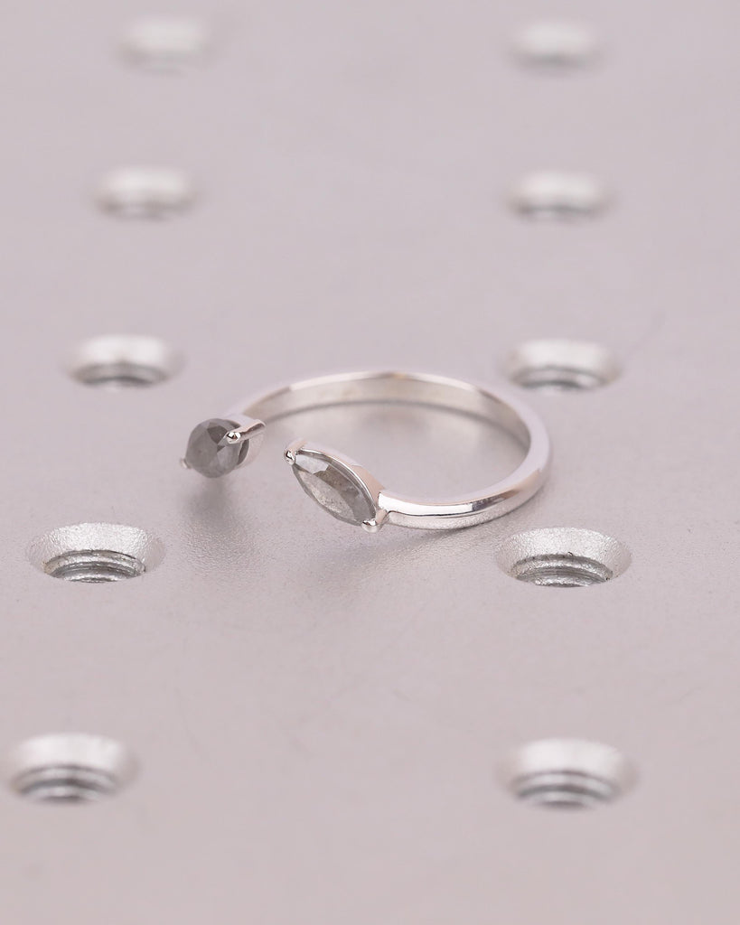 Marquise Cut Salt and Pepper Diamond Open Band Ring, Dainty 18k White Gold Wedding Band, Unique Stackable Rings for Women, Bridal Jewelry image #3