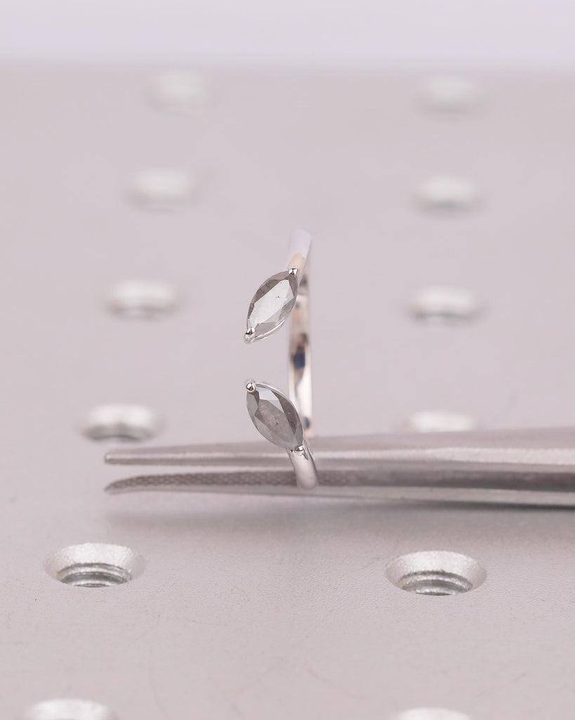 Marquise Cut Salt and Pepper Diamond Open Band Ring, Dainty 18k White Gold Wedding Band, Unique Stackable Rings for Women, Bridal Jewelry image #4