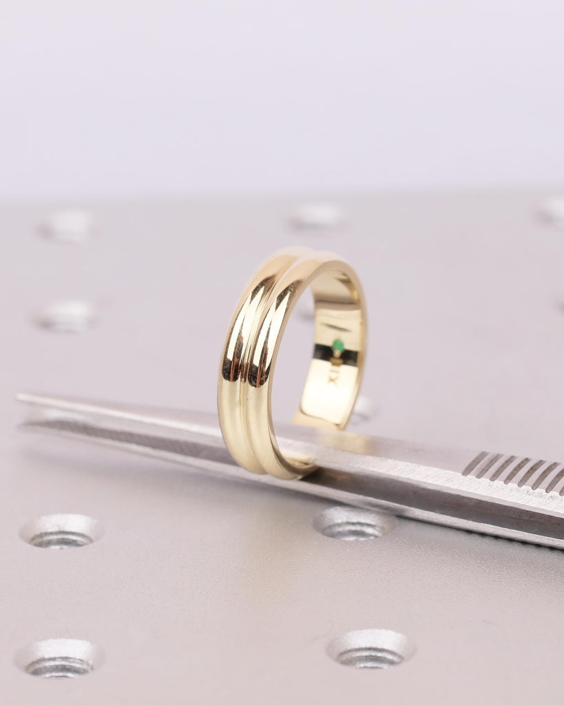 14k Yellow Gold Wedding Band, Double Band Matching Ring, Hidden Round Green Sapphire Stacking Rings, Bridal Gift for Women, Unique Jewelry image #9