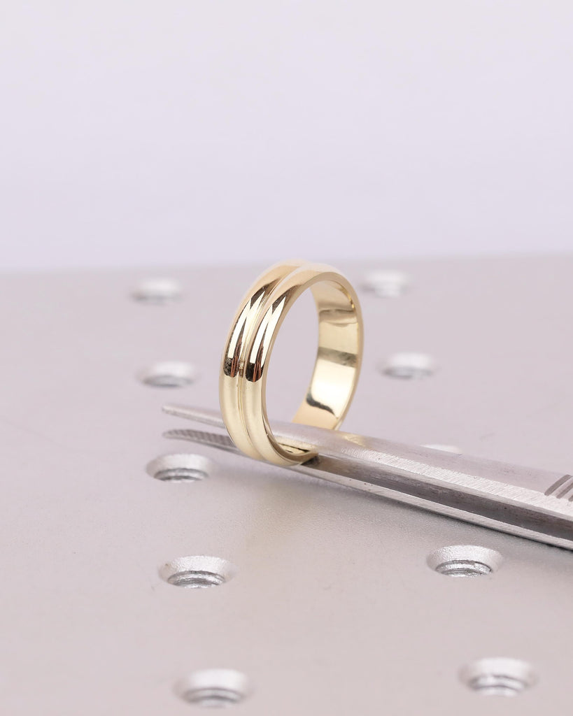 14k Yellow Gold Wedding Band, Double Band Matching Ring, Hidden Round Green Sapphire Stacking Rings, Bridal Gift for Women, Unique Jewelry image #7