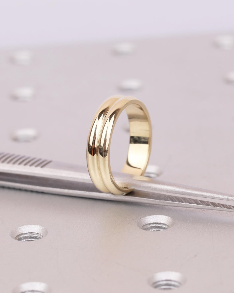 14k Yellow Gold Wedding Band, Double Band Matching Ring, Hidden Round Green Sapphire Stacking Rings, Bridal Gift for Women, Unique Jewelry image #11