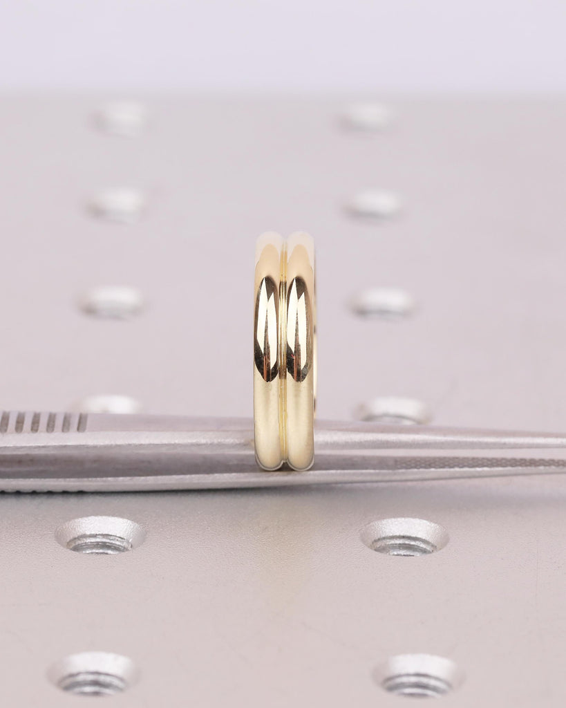 14k Yellow Gold Wedding Band, Double Band Matching Ring, Hidden Round Green Sapphire Stacking Rings, Bridal Gift for Women, Unique Jewelry image #4
