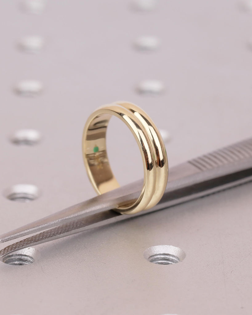 14k Yellow Gold Wedding Band, Double Band Matching Ring, Hidden Round Green Sapphire Stacking Rings, Bridal Gift for Women, Unique Jewelry image #6