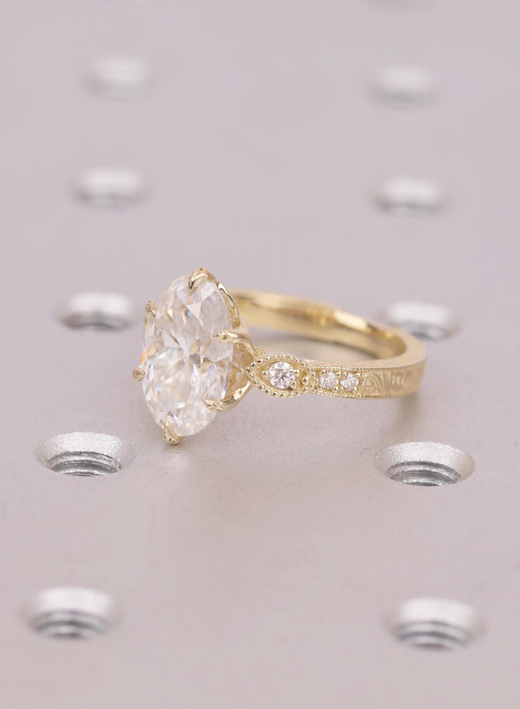 Vintage Tulip Setting Moissanite Engagement Rings for Women | 14K Yellow Gold Filigree Proposal Ring | Diamond Alternative Bridal Jewelry image #7