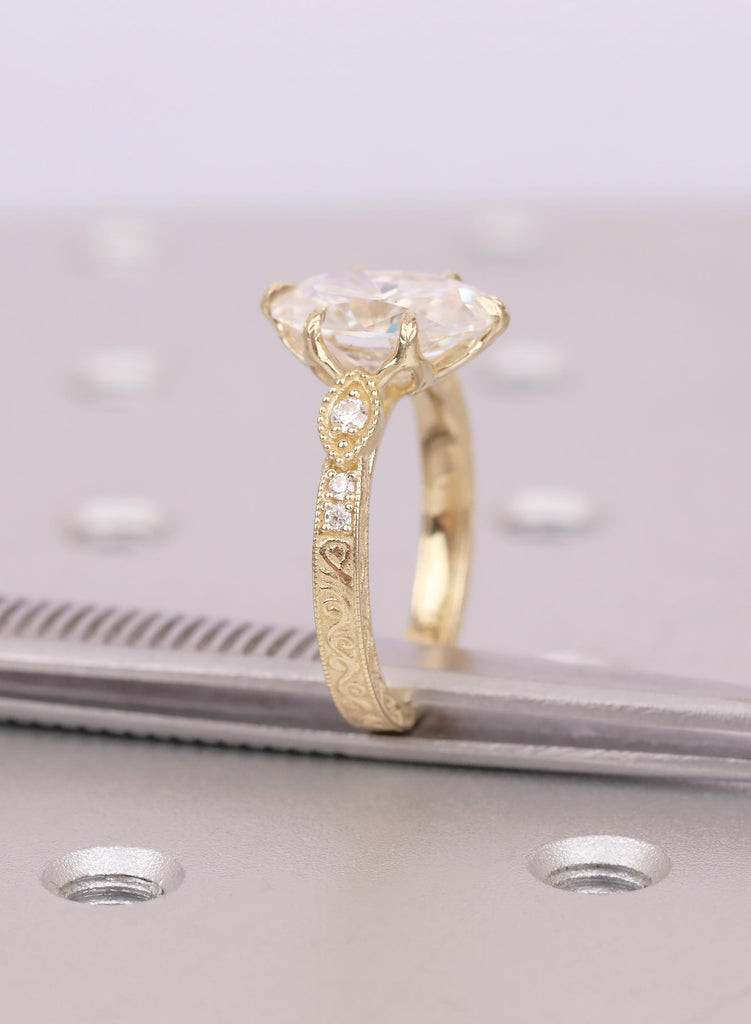 Vintage Tulip Setting Moissanite Engagement Rings for Women | 14K Yellow Gold Filigree Proposal Ring | Diamond Alternative Bridal Jewelry image #11