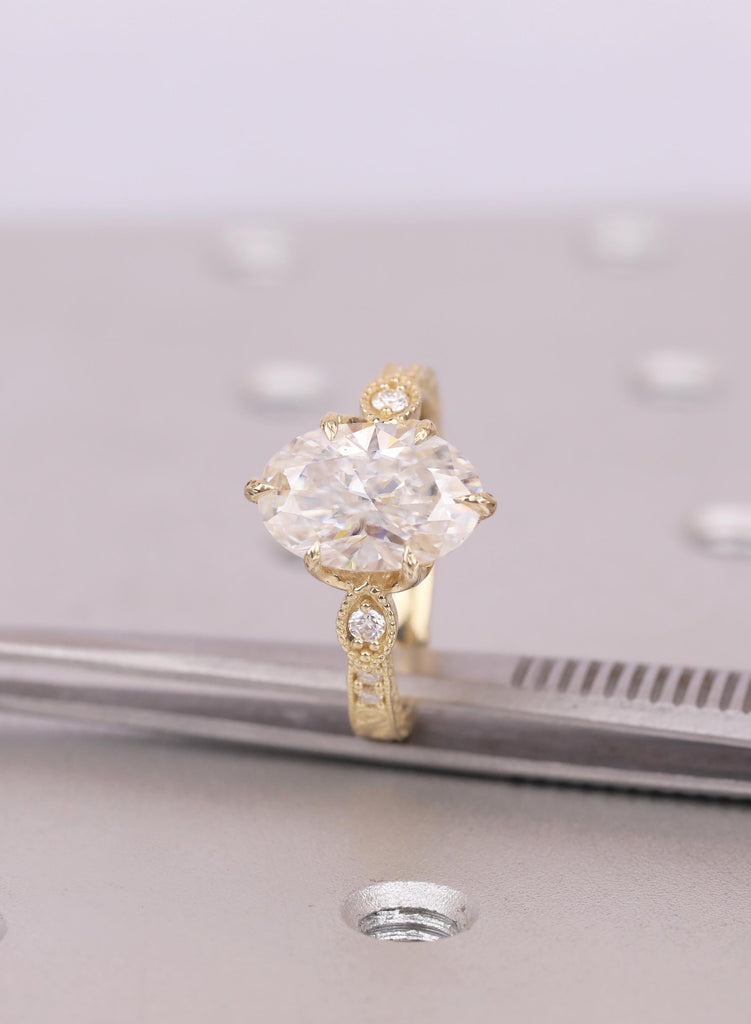 Vintage Tulip Setting Moissanite Engagement Rings for Women | 14K Yellow Gold Filigree Proposal Ring | Diamond Alternative Bridal Jewelry image #9