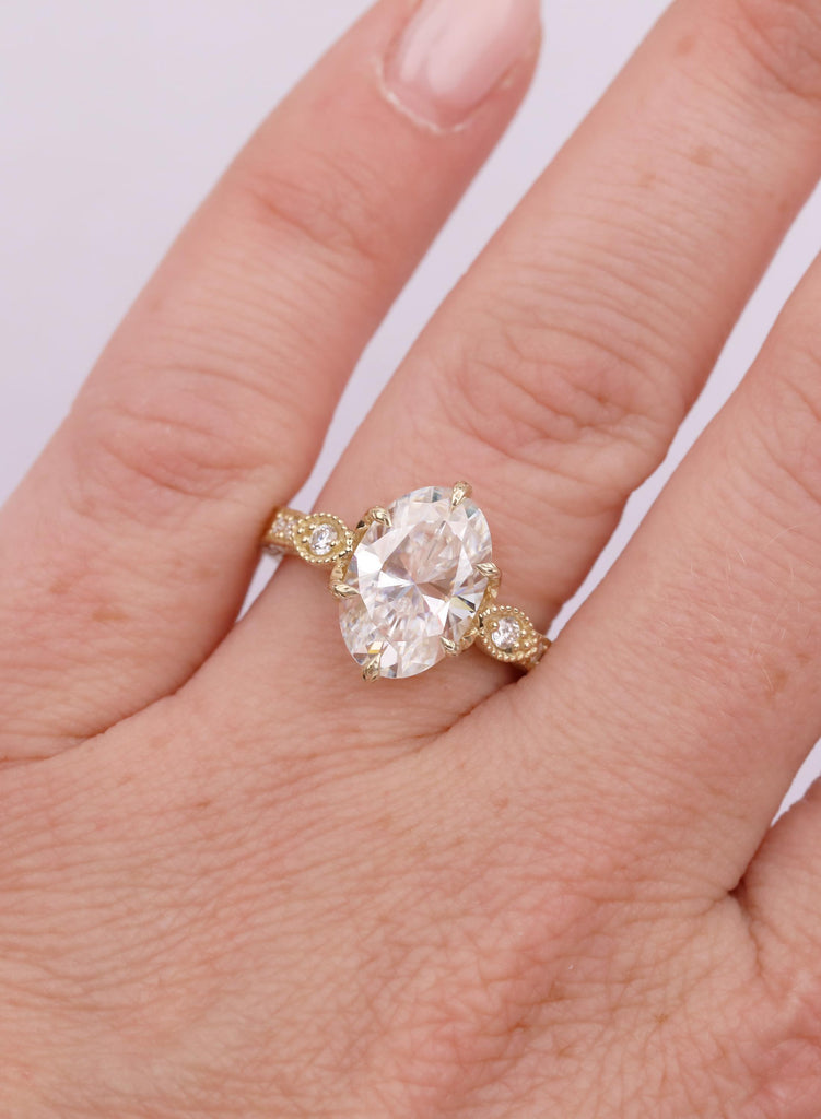 Vintage Tulip Setting Oval Lab Diamond Engagement Rings for Women | 14k Yellow Gold Filigree Proposal Ring | Bridal Jewelry image #2