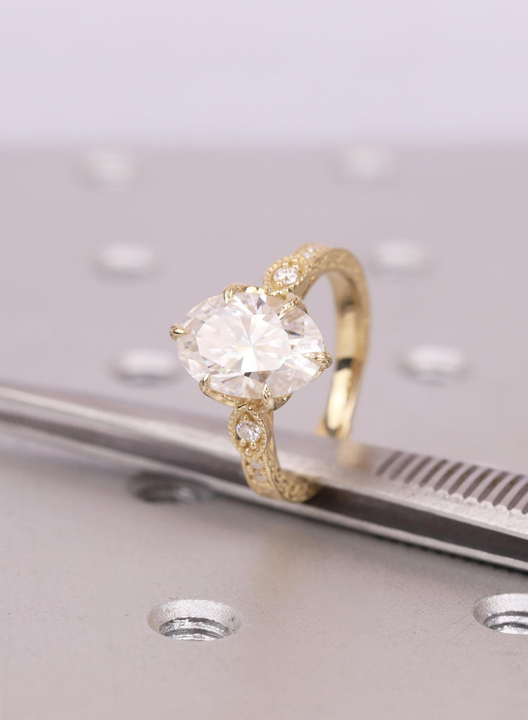 Vintage Tulip Setting Oval Lab Diamond Engagement Rings for Women | 14k Yellow Gold Filigree Proposal Ring | Bridal Jewelry image #8